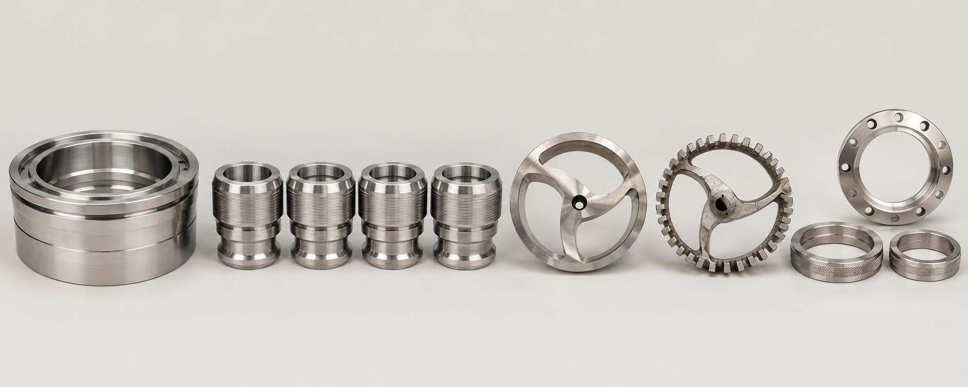 Sélection de bagues, roues et pièces cylindriques usinées par Mécanique Industrie
